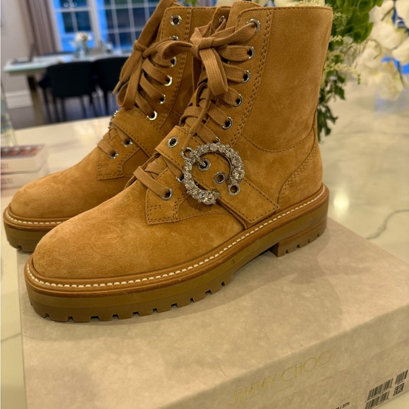Jimmy Choo Cora Caramel Suede Combat Boots with Crystal Buckle - Picture 4 of 8